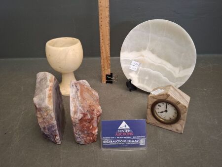 Stone Decorator Items - Incs Amethyst Book Ends, Stone Clock & Alabaster Stone Plate and Cup