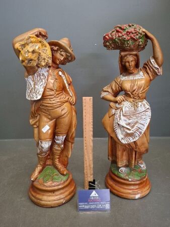Pair of French Style Chalkware Figurines - Signed Jaru - Harvest Theme