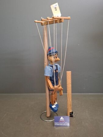 Vintage Pinocchio Marionette Hand Carved Wooden Puppet on Stand