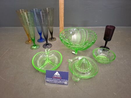 Lot of Green Depression Glass + 5 Bamboo Etched Colourful Glasses