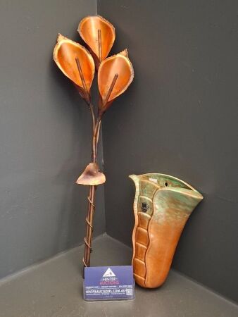 Vintage Diana Pottery Australia Wall Vase + Brass & Copper Flowers