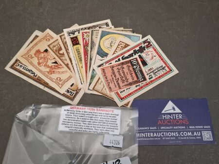 Collection of Early 1920s Germany Notgeld Emergency Money Banknotes