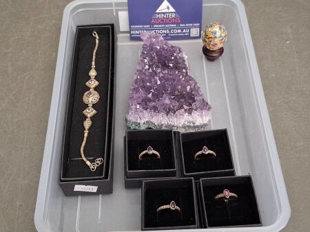 Amethyst Stone, Bracelet & 4 Rings - All Stamped 925 + Vintage Egg