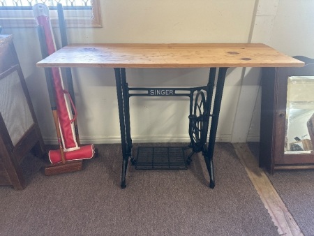Singer Sewing Machine Cast Iron Base with Wooden Top on Castors