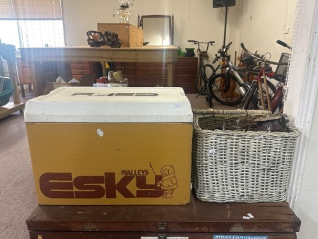 Lot of Alvey Reels in Cane Basket & Vintage Malleys Esky