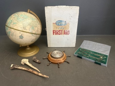 Mixed Vintage Decorator & Office Lot - Incs Globe, Wooden Barometer & Henschel German Made Drafting Tool Set
