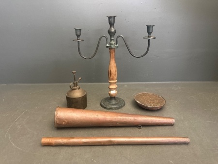 Antique Copper & Brass Lot, Incs Candlestick Holder & Oiler