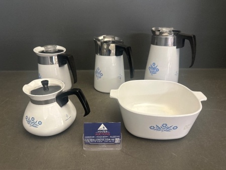Lot of Corning Ware Coffee Percolators + Tea Strainer & Dish