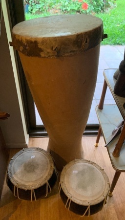 Tall Vintage Hollowed Tree Drum + Pair Contemporary Bongo Drums