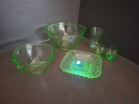 Uranium Glass Dish + 3 Green Depression Glass Pieces
