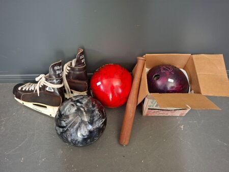 3 Bowling Balls + Pair of Retro Ice Skates