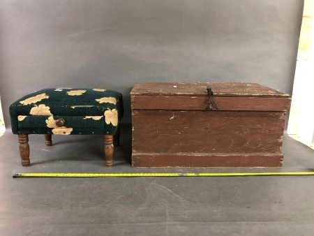 Vintage Upholstered Footstool with Drawer + Old Timber Shoe Box