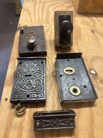 3 Antique Door Locks + Vintage Door Knob Set