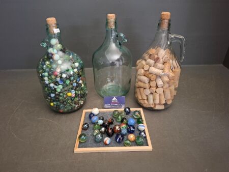 3 Large Glass Jugs - 1 filled with Corks & 1 filled with Marbles, + Extra Marbles