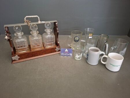 Antique Set of 3 Decanters in Wooden Case (with key) + Selection of Beer Mugs