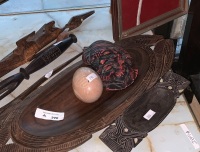 Hand Carved Aboriginal Stone Egg, Ceramic Wall Plaque & Framed Pic -Signed M.Finney + Collection of Small Carved Islander Pieces