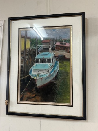 Docked Blue Boat Pastel on Paper by David Probyn