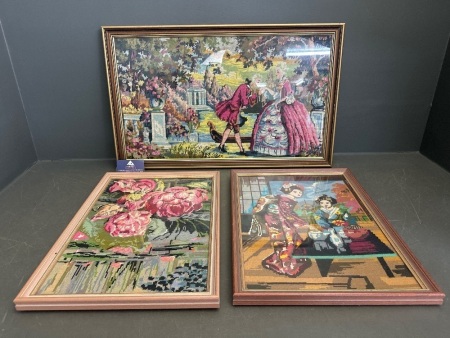3 Vintage Framed Needlepoint Tapestries