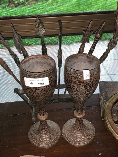 Pair of Tall Heavy Incised & Painted Metal Goblets + Mini Brass Weapons Display