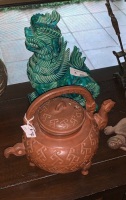 Glazed Ceramic Foo Dog + Unglazed Chinese Terracotta Tea Pot