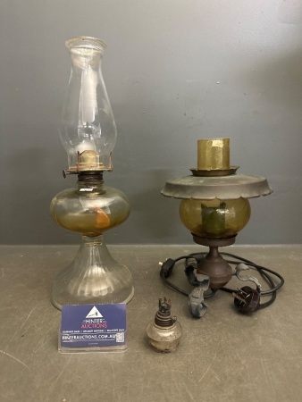 2 Vintage Kerosene Lanterns (1 converted to electricity) + Mini Lantern (missing flute)