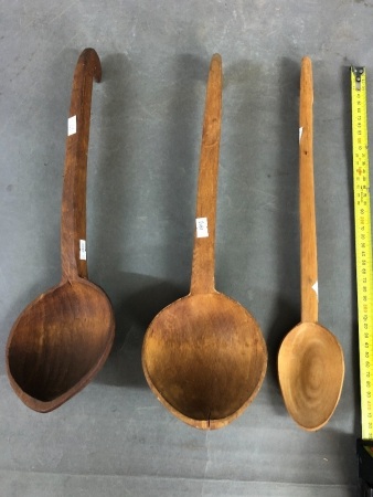 3 Large Vintage Hand Carved Timber Spoons