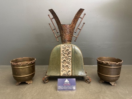 Pair of Brass Planter Pots + Decorative Rustic Tin Vase