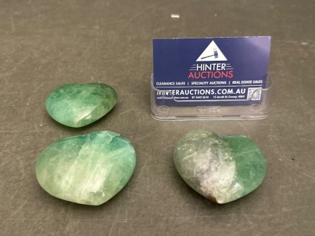 3 Fluorite Crystal Stone Carved Hearts, From Madagascar