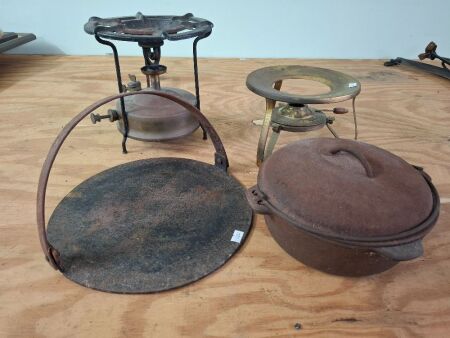 Heavy Cast Pot and Plate + 2 Brass Camping Stoves