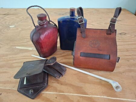 Misc Vintage Lot - Incs Leather Quart Pouch with Quart Canister - 2 Flasks & Smoking Pipe