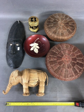 Asstd Lot of Vintage Woven Baskets, Tribal Mask, Lacquerware Etc