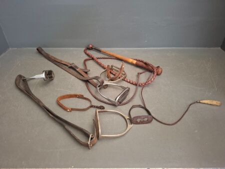 Vintage Leather Horse Whip & Assortment of Stirrups