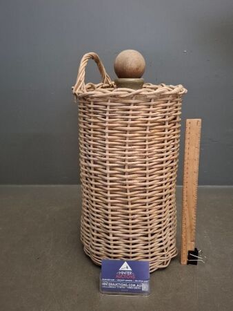 Green Glazed Pottery Demijohn in Basket