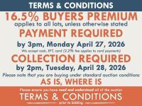 TERMS AND CONDITIONS: 16.5% BUYERS PREMIUM APPLIES TO ALL AUCTION LOTS UNLESS ADVISED (An additional 1.65% fee applies to online bidders) | PAYMENT REQUIRED by 3pm, Monday April 27, 2026 - We accept cash, EFT, card (2.2% fee applies to card payments) | CO
