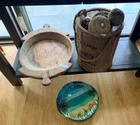 Carved & Painted Bowls, Woven Basket Vase & Hessian Bowl with Balls