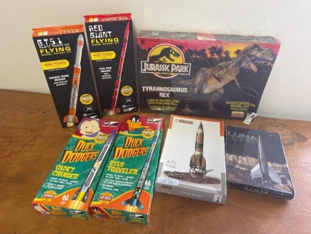 Assortment of Flying Model Rocket kits plus Jurassic Park TREX Model