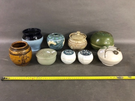 Box Lot of Asstd Asian Pottery Lidded Pots, Bowls Etc