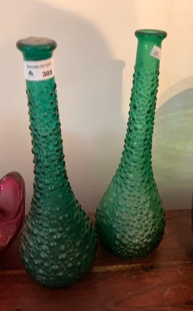 2 Vintage Green Hobnail Glass Genie Bottles - No Stoppers