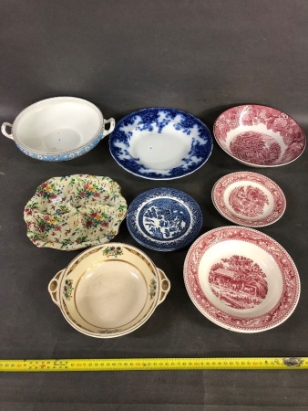 Asstd Ceramic Lot inc. Blue & White China, Woods Red & White, Royal Winton Q.Anne Hors d'Ouvres Tray etc