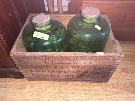 2 Vintage Green Glass Jars + Old Timber Ammo Crate