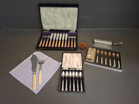 Vintage Kitchenalia Lot - Incs Silver Crumb Tray with Brush, Hanseat Boxed Set of 6 Forks, Boxed Set of 6 Teaspoons (made in eng)