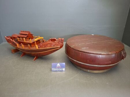 Wooden Asian Boat & Rice Storage Box