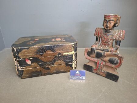 Vintage 3 Tier Japanese Storage Box & Asian Figurine Incense Holder