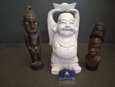 Wooden Buddha, PNG Figure with Shell Eyes & Carved African Fertility Figure