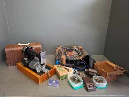 Singer Sewing Machine in Wooden Case + Assortment of Sewing Equipment