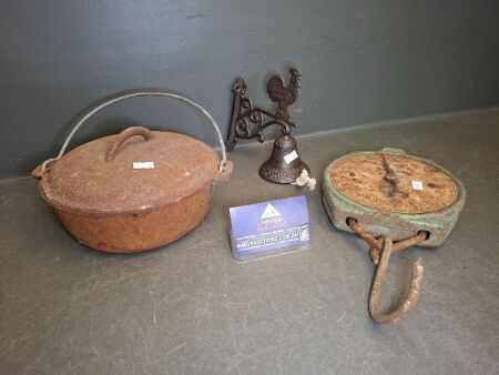 Mixed Vintage Lot - Incs Cast Iron Rooster Door Bell - Salter Scale and Small Cast Iron Camp Pot