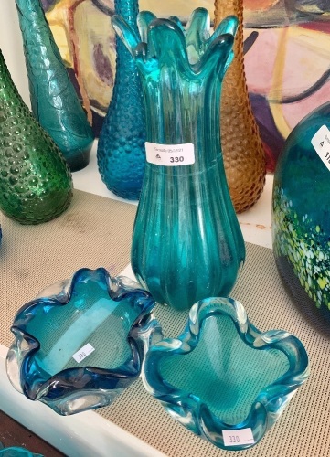 3 Pieces of Blue Murano Glass, 2 Bowls + Vase