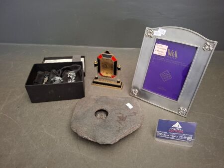 Royal Selangor Pewter Frame, Small Retro Clock, Glass Baby Set and Slate Vase