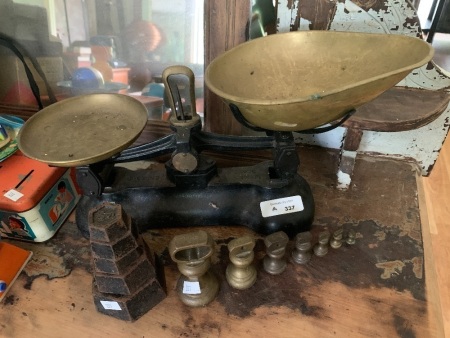 Set of Antique Cast Iron Scales with Brass Pans & Bell Weights from Libra Co. + Set of Iron Metric Weights