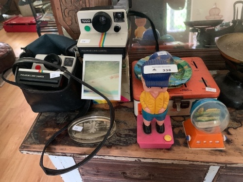 Kitsch Lot inc. 2 Polaroid Land Cameras, (1 in Box) Vintage Snow Globes, Wee-Boy Etc.